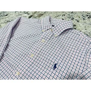 Ralph Lauren Shirt Men M Pink Plaid Blue Pony Long Sleeve Classic Fit Preppycore